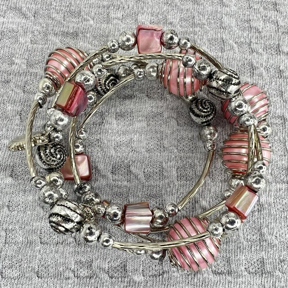 Light Pink Magenta Shell Composite Silver-Tone Beaded Multistrand Flex Bracelet